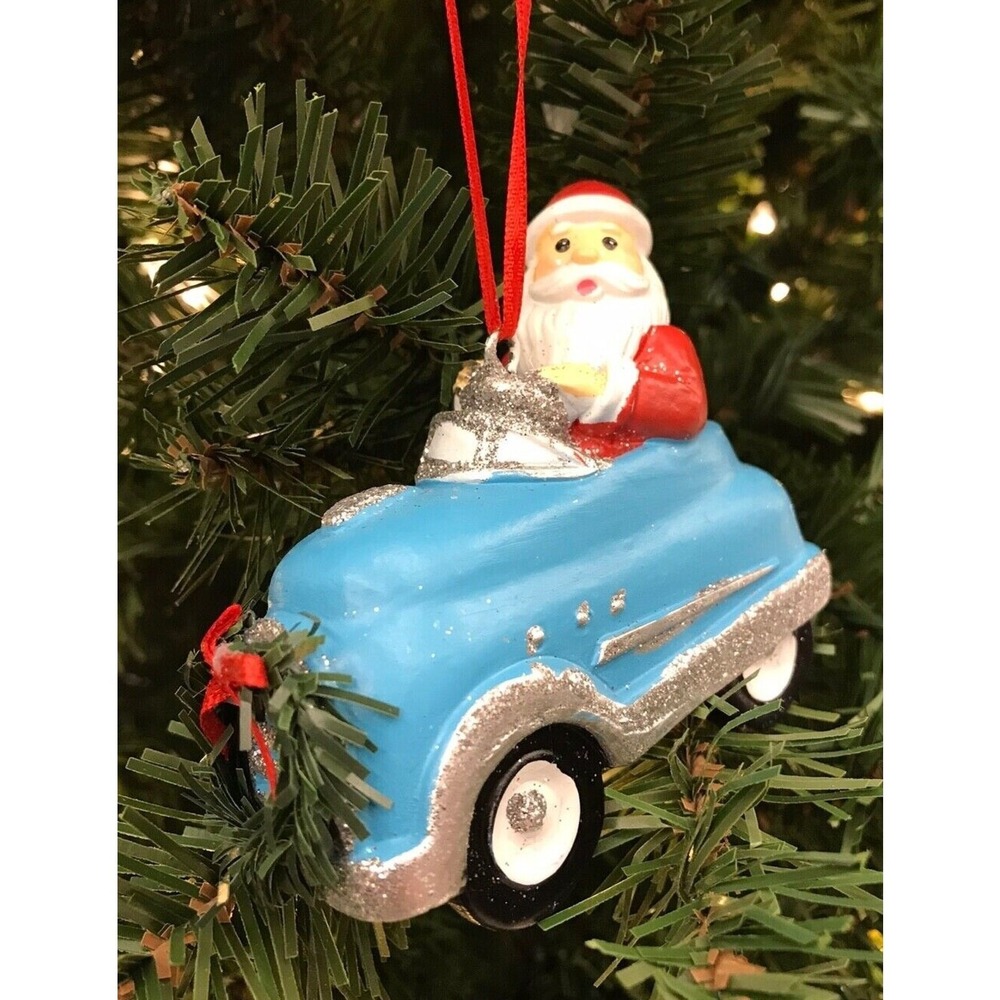 Santa Driving Retro Blue & Silver Sports Car Christmas Ornament